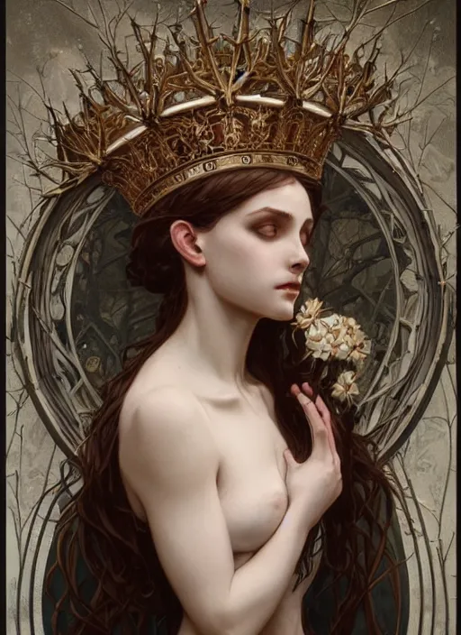 Image similar to beautiful pale gothic maiden with crown of thorns, intricate, elegant, highly detailed, digital painting, artstation, concept art, smooth, sharp focus, illustration, art by artgerm and greg rutkowski and alphonse mucha and Gustav Klimt