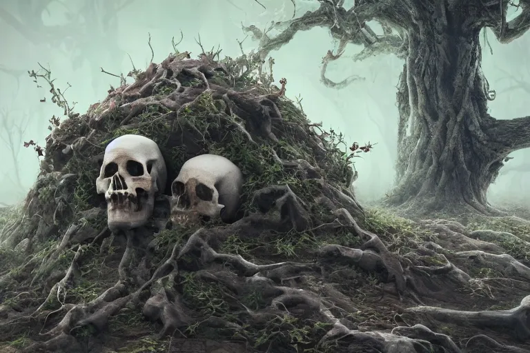 Image similar to skulls sprouting from the ground like a ( ( tree ) ), octane render, digital painting, trending on artstation, highly detailed, epic composition, 8 k uhd