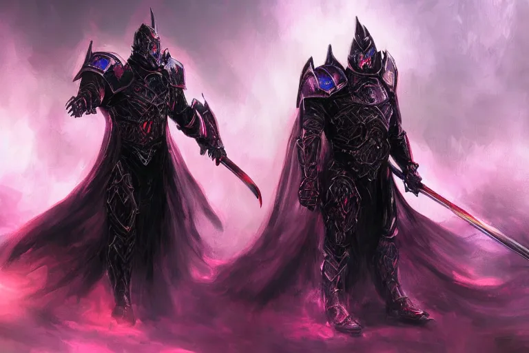 Image similar to masterpiece digital painting of an evil knight, full heavy black obsidian armor, chaotic ruby inlays, cape, by kev walker, atmospheric fog effects background, purple sparkles, artstation, deviantart, large view