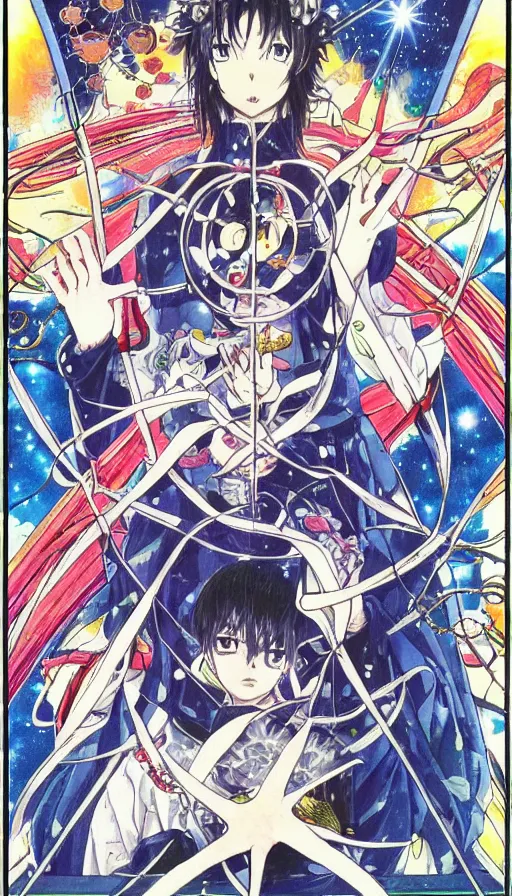 Prompt: anime tarot card based on the card Judgement, drawn by hideaki anno, beautiful lines, cosmic, psychedelic, detailed