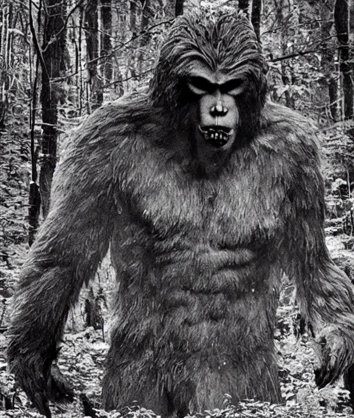 Image similar to bigfoot vs. mothman, cryptid battle, found footage, eerie, foreboding