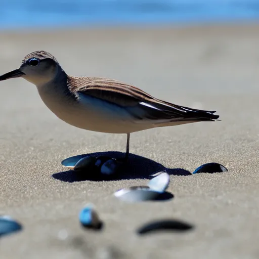 Prompt: cybernetic sand piper on a beach eating clams