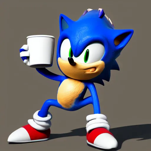 Prompt: 3d render of Sonic drinking a cup of tea, trending on artstation, blender, octane render