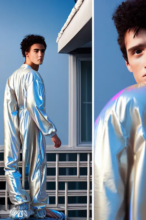 Image similar to un ultra high definition studio quality photographic art portrait of a young man standing on the rooftop of a british apartment building wearing soft baggy inflatable padded iridescent pearlescent jumpsuit. three point light. extremely detailed. golden ratio, ray tracing, volumetric light, shallow depth of field. set dressed.