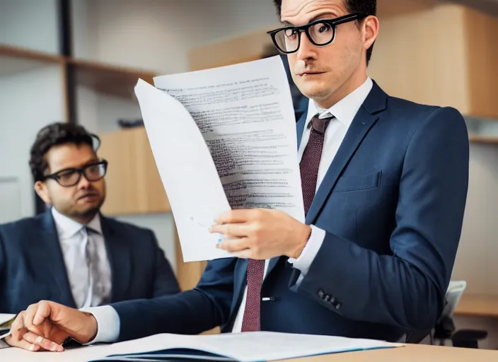 Prompt: photo of an octopus man in a suit and glasses, reading a document at a desk in an office. Highly detailed 8k. Intricate. Sony a7r iv 55mm. Award winning.