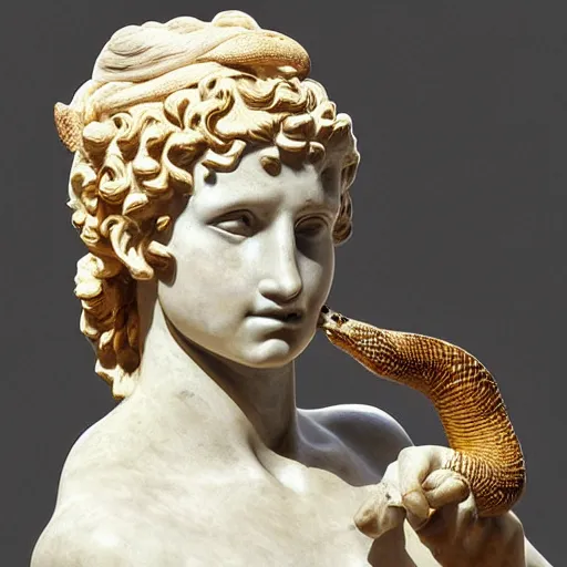 Prompt: greek or roman sculpture in marble of a female athlete holding a snake, in a museum background, hyperrealistic photograph in the style of bernini, golden hour