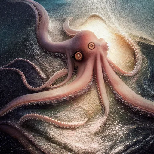 Image similar to kodak film, symmetrical balance, soft blur light, volumetric lighting, highly detailed, britt marling style 3 / 4, a octopus woman in the water in style o f annie leibovitz, highly detailed, interstellar outdoor soft pastel mute colors scheme, hyper realistic, photo realistic