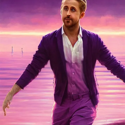 Image similar to ryan gosling dancing ballet, robotic clothes in the beach purple sun, dancing ballet, pink lighting ultra realistic photorealistic highly detailed high quality, a stunningly, digital painting, artstation, concept art, smooth, sharp focus, illustration, art by artgerm and greg rutkowski and alphonse mucha 8 k