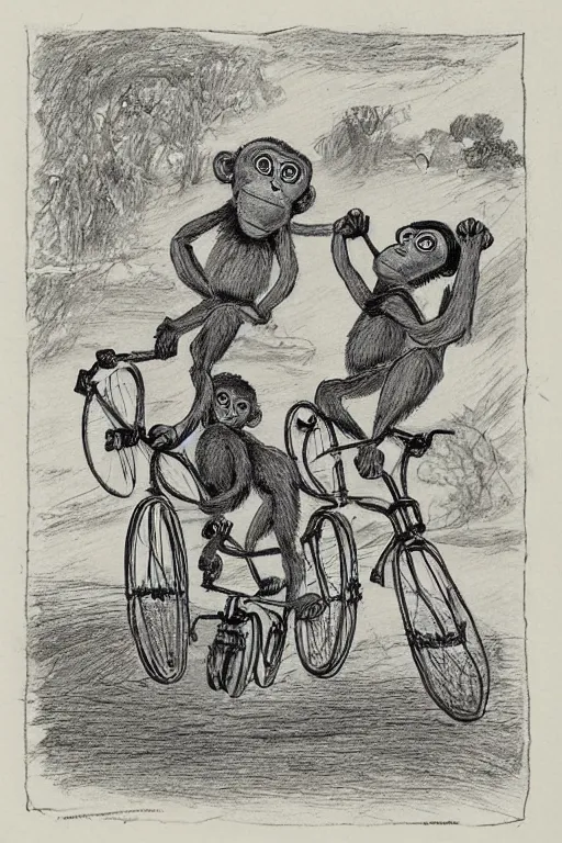 Prompt: two monkeys riding a tandem bicycle down a winding road, drawn by Nicholas John Frith