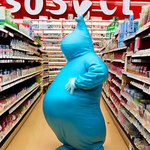 Prompt: photo, a man wearing a giant slimy slug costume crawling through a cvs pharmacy