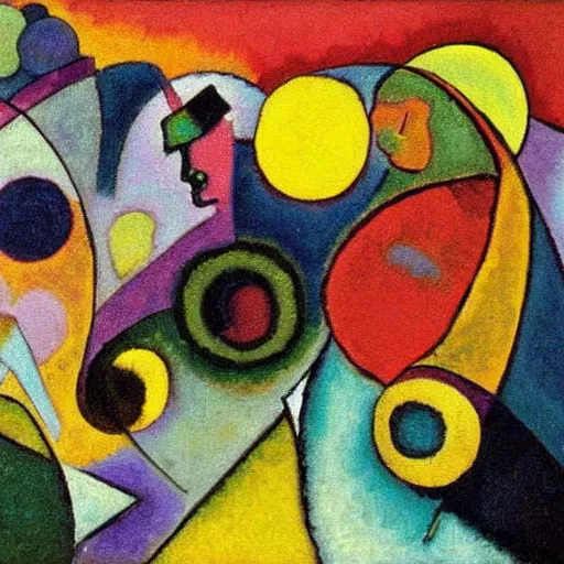 Prompt: a abstract painting coven of witches by kandinsky