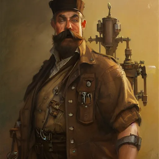 Image similar to a steampunk craftsman, burly with moustache, character portrait by greg rutkowski, gaston bussiere, craig mullins