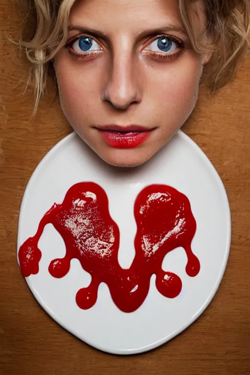 Image similar to melanie laurent made out of ketchup, ketchup in the shape of a human being, professional food photography