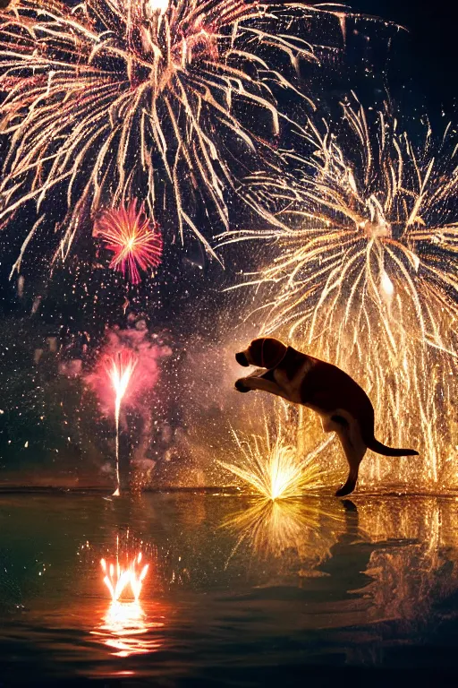 Image similar to man throwing a beagle in the air while standing in water with fireworks in background, full body, silhouette, reflection in water, volumetric lighting, golden ratio, backlit