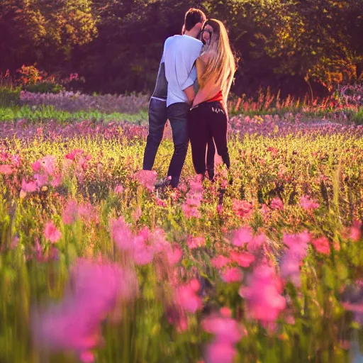 Image similar to a young couple holding hands in a field of flowers at sunset, realistic, intricate, 4k