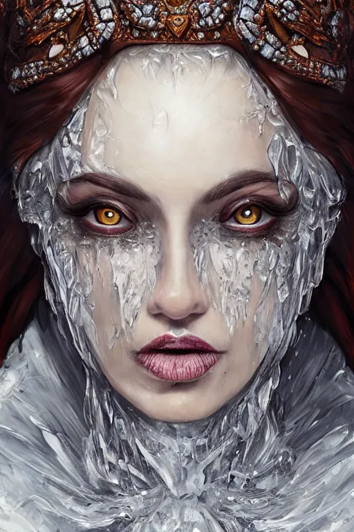 Prompt: Fantasy character portrait of distorted detailed painting of a queen woman made of ice, hyper detailed, trending on Artstation