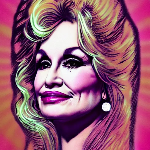 Prompt: Dolly Parton portrait, pink hues, vintage hippie retro style
