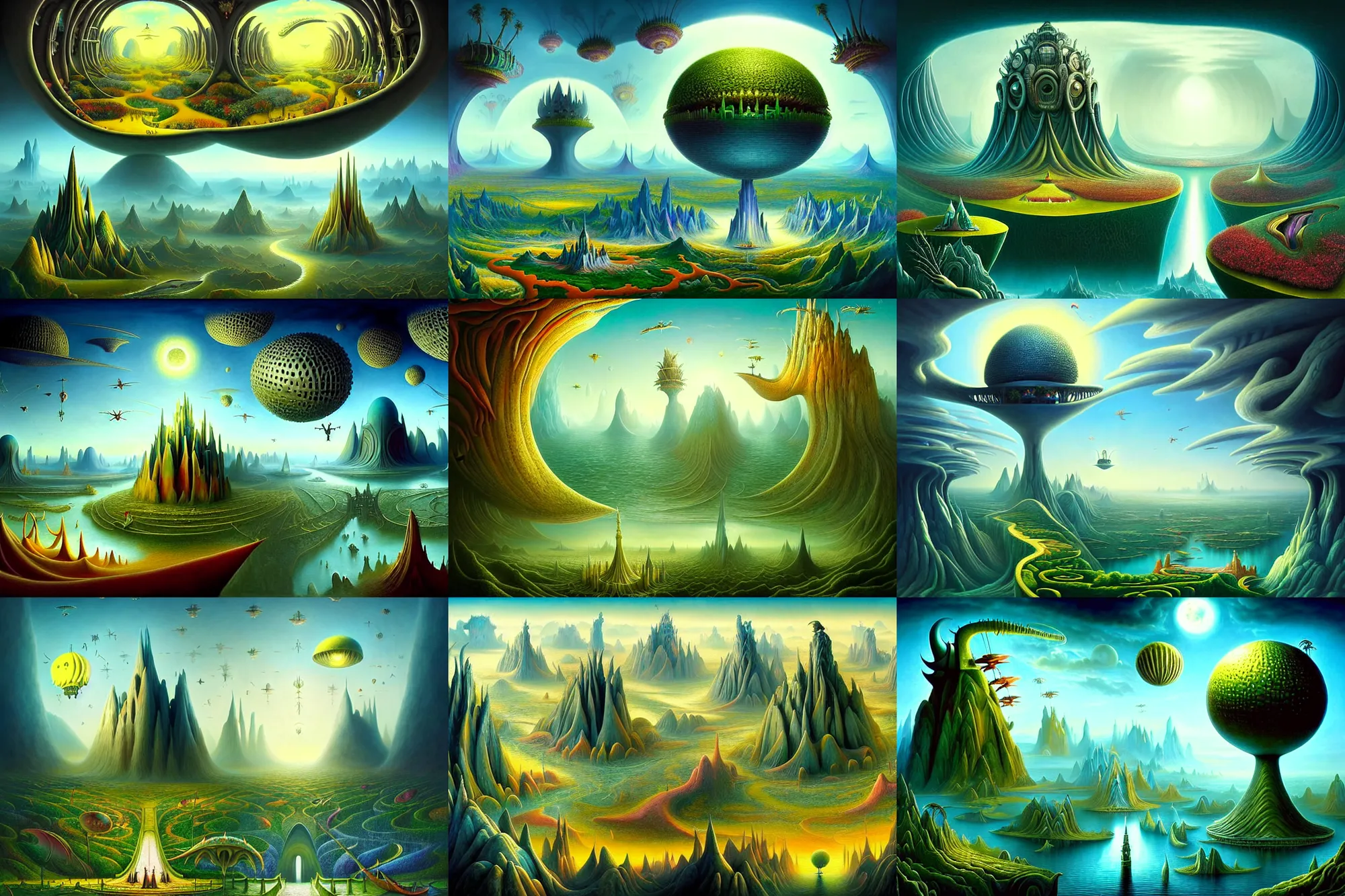 Prompt: a beautiful epic stunning amazing and insanely detailed matte painting of alien dream worlds with surreal architecture designed by Heironymous Bosch, mega structures inspired by Heironymous Bosch's Garden of Earthly Delights, vast surreal landscape and horizon by Cyril Rolando and Andrew Ferez, a fantastic flying machine, rich pastel color palette, masterpiece!!, grand!, imaginative!!!, whimsical!!, epic scale, intricate details, sense of awe, elite, wonder, insanely complex, masterful composition, sharp focus