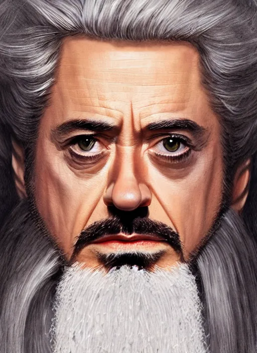 Image similar to robert downey jr. as evil saurman the white, long white hair and beard, by alan lee, lord of the rings, smooth, oil painting, matte painting, concept art, trending on artstation, promotional artwork, film still, elegant, photorealistic facial features, intricate, detailed face, cinematic lighting