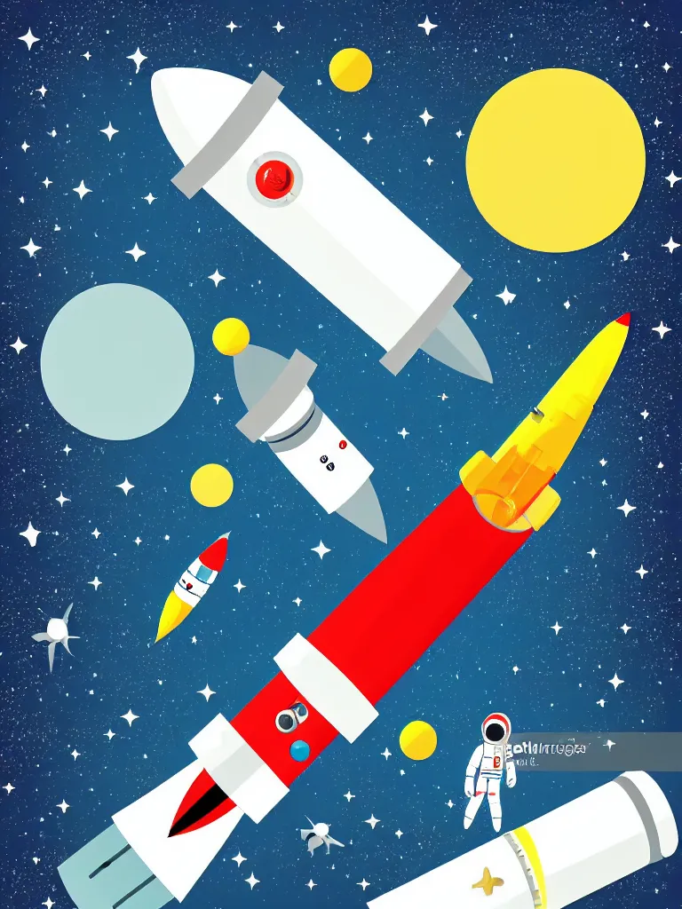 Prompt: editorial illustration scientific lab test tube telescope microscope astronaut rocket, colorful modern, mads berg