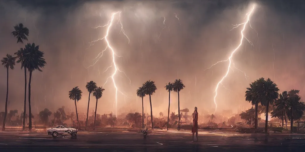 Prompt: thunderstorm in marrakech, palm trees, lightning, tsunami, flying vehicles, moroccan mosque, wlop, james jean, tom bagshaw, rococo, trending on artstation, fantasy, intricate, elegant, highly detailed, digital painting, concept art, smooth, illustration, cinematic lighting, hyper realism, octane render, 8 k, hyper detailed.