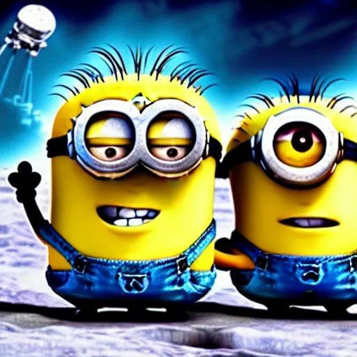 Image similar to macro photo of minions on the moon, cartoon image from movie