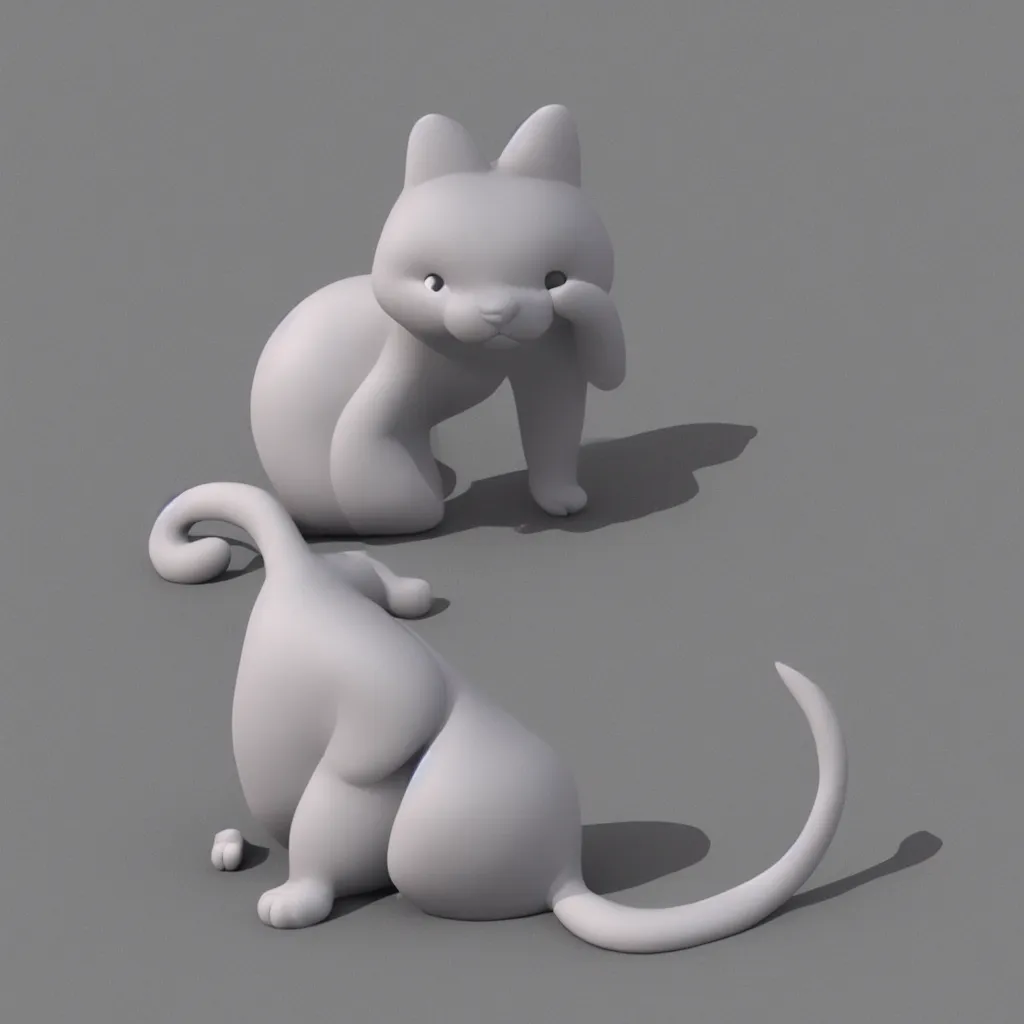 Image similar to 3 d graphic cartoon gray clay cat, shiny gloss