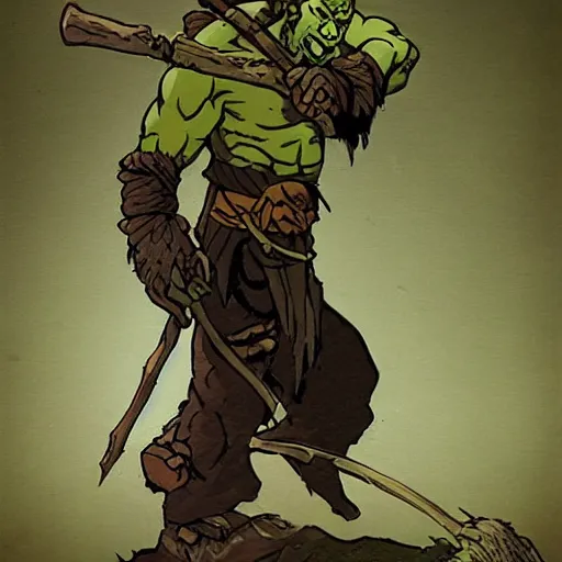 Prompt: A Half-orc Druid holding a wooden staff, holding a wooden staff, Mike Mignola