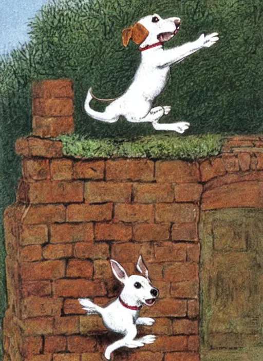 Prompt: jack russel terrier jumping off of brick structure, illustrated by peggy fortnum and beatrix potter and sir john tenniel