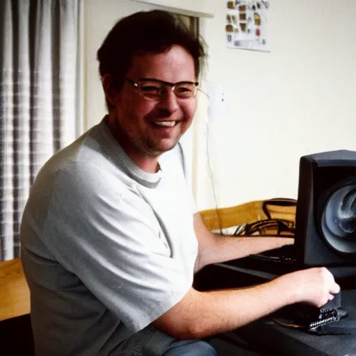 Prompt: a photo of a man sitting infront of a 1 9 9 0 s computer, he is smilling at the camera, he is a 3 meters away from the camera, light coming from the camera, taken on a 1 9 9 0 s camera.