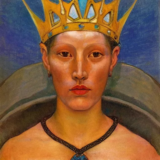 Image similar to the ocean crown, by Annie Swynnerton and Nicholas Roerich and Diego Rivera, blue skin, elaborate costume, geometric ornament, rich color, dramatic cinematic lighting, smooth, sharp focus, extremely detailed