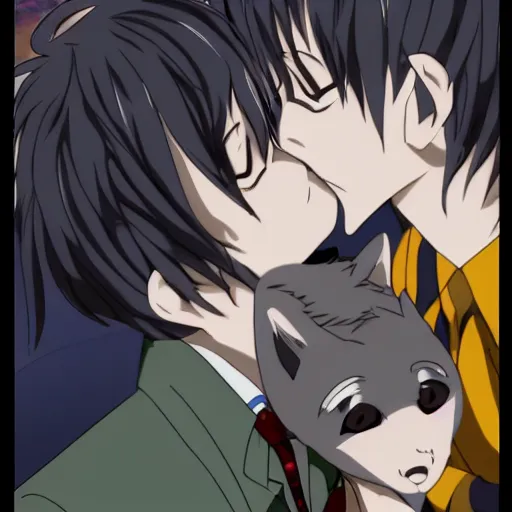 Prompt: key anime visual still portrait of anthropomorphic anthro male grey wolves with handsome eyes, kissing each other, wearing school uniform, official studio anime still