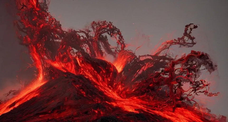 Image similar to a volcano made of ivory vines and crimson rocks enters in eruption, it spits a smoke in the shape of demonic eye, by Ruan jia