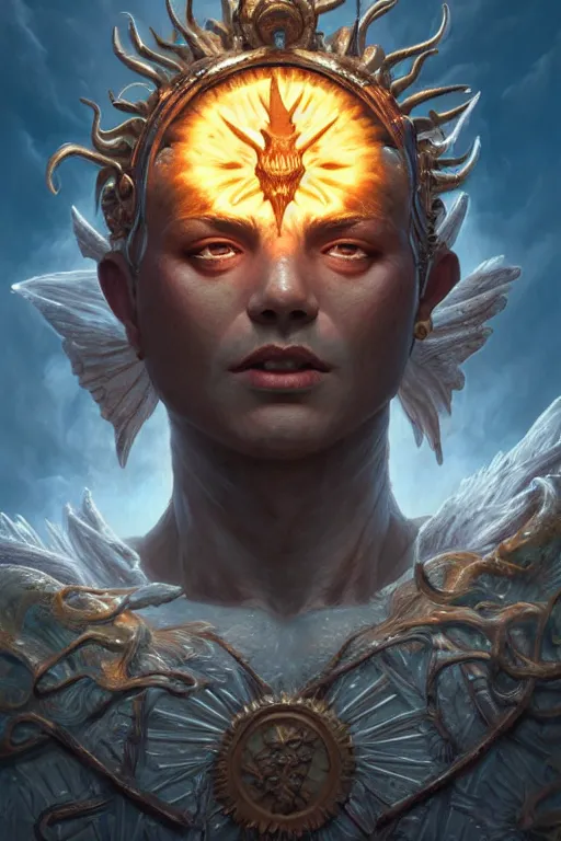 Image similar to humanoid god of the sun, highly detailed, d & d, fantasy, hyper detailed, digital painting, trending on artstation, apollo, concept art, sharp focus, illustration, art by artgerm and magali villeneuve and greg rutkowski and michael whelan, cryengine, 8 k realistic atmospheric lighting, frostbite 3 engine