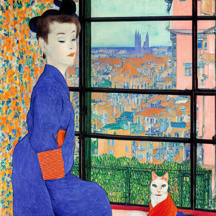 Prompt: portrait of woman in colourful kimono, white cat and house plant with city with gothic cathedral seen from a window frame with curtains. cloudy sunset. bonnard, henri de toulouse - lautrec, rene magritte, utamaro, matisse, monet