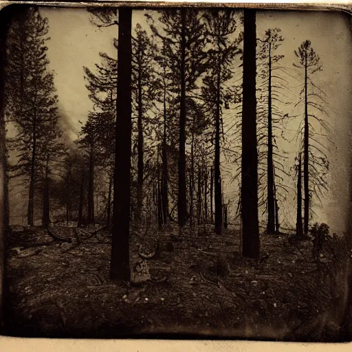 Prompt: tintype photo of a burnt forest