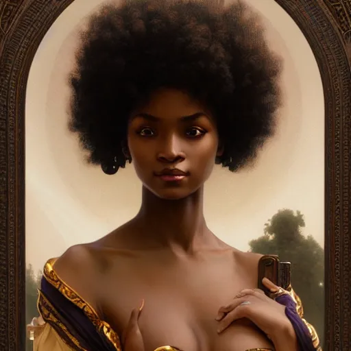 Image similar to portrait of an afro goddess, intricate, elegant, highly detailed, digital painting, artstation, concept art, smooth, sharp focus, illustration, art by artgerm and greg rutkowski and alphonse mucha and william - adolphe bouguereau