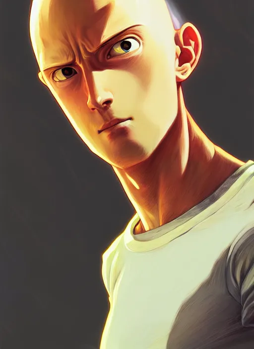 Prompt: handsome saitama, half body shot, path traced, fight scene, highly detailed, high quality, digital painting, alena aenami, lilia alvarado, shinji aramaki, karol bak, alphonse mucha, tom bagshaw