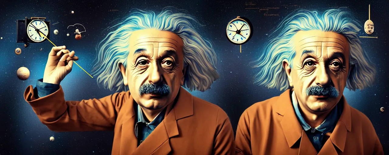 Image similar to duotone surreal illustration 3 / 4 portrait of albert einstein measuring time on salvadore dali clock in outer space dark starry background. golden ratio accidental renaissance. by sachin teng and sergey kolesov and ruan jia and heng z. graffiti art, scifi, fantasy, hyper detailed. octane render. concept art. trending on artstation