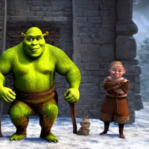 Prompt: a still of shrek in the game of thrones