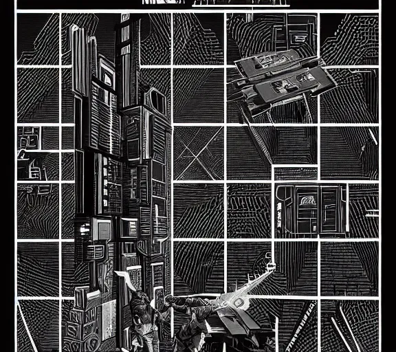 Prompt: a black and white illustration of a cyberpunk epic Friday night firefight in the style of M.C. Escher, Night City, cyberpunk 2077, 1979 OMNI Magazine Cover, impossible geometry, coherent, street level neo-Tokyo in Cyberpunk 2045, 4k, 8k, HD, trending on artstation