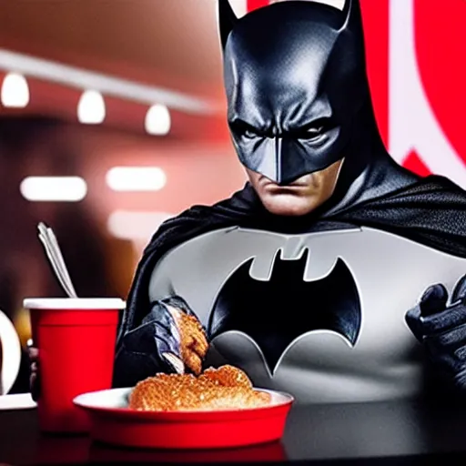 Image similar to A still of Batman eating at KFC, 4k, photograph, ultra realistic, highly detailed, studio lighting