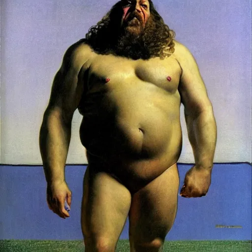 Image similar to upper body portrait of wrestler giant haystacks, by norman rockwell and boris vallejo