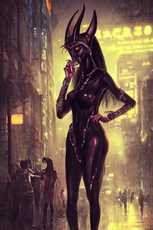 Prompt: beautiful portrait of a tall sensual female anubis smoking a cigarette in a bustling crowd of a rainy city street, goth punk clothes, cyberpunk, harsh neon lights, highly detailed, sharp focus, digital painting, illustration, trending on artstation, art by sakimichan, wlop, greg rutkowski