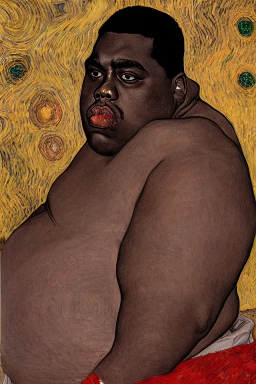 Prompt: a portrait of notorious b. i. g. in style of egon schiele, gustav klimt and vincent van gogh, masterpiece, hyperdetailed, complex, intricate, 4 k, trending on artstation