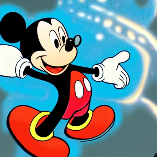 Prompt: An epic fantastic realism comic space, Mickey mouse in profile , hyperrealistic, dynamic lighting
