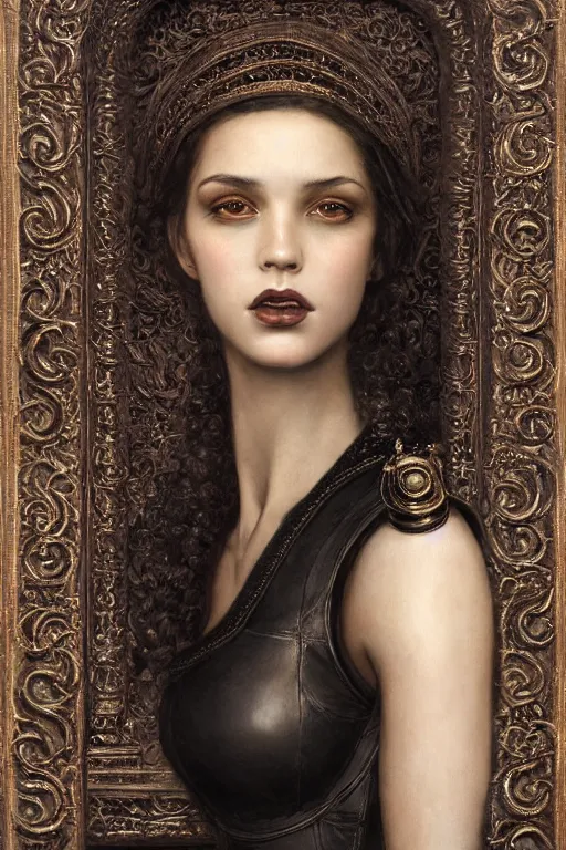 Prompt: breathtaking detailed soft painting of a sensual black girl in leather clothes, in medieval castle with gothic arches, symmetrical realistic facial features, rembrandt style, elegant, highly detailed, artstation, concept art, matte, sharp focus, art by tom bagshaw, kelogsloops and greg rutkowski