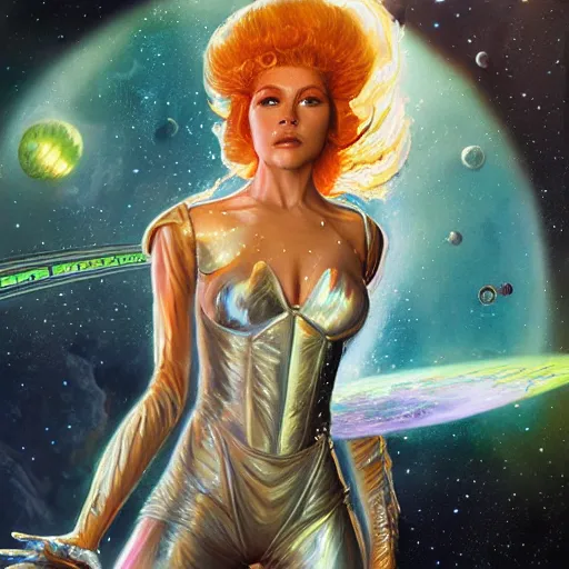 Prompt: portrait of barbarella queen of the galaxy, silver space suit, intricate, bloom, detailed, volumetric lighting, sharp focus, photorealism, digital painting, highly detailed, concept art, by roger dean and simon stalenhag and mark brooks