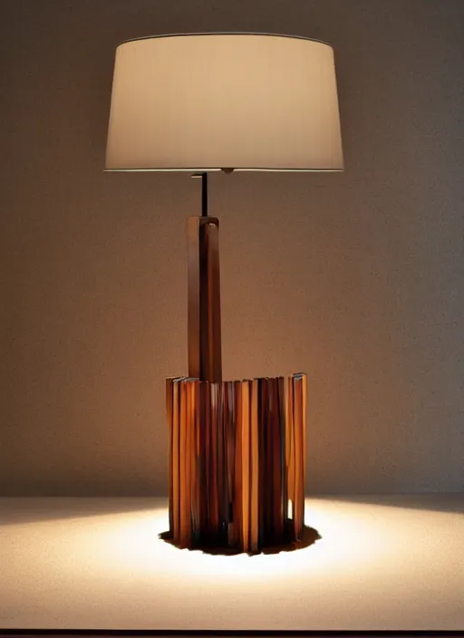 Prompt: A table lamp with a heavy base, and a fabric lampshade designed by Petros Afshar