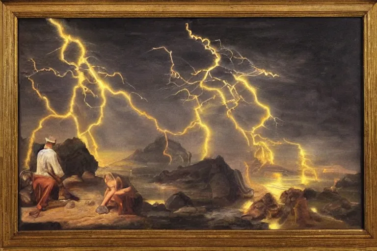 Image similar to a bereaved artist as his canvas gets struck by lightning, oil painting, extremely detailed, museum art